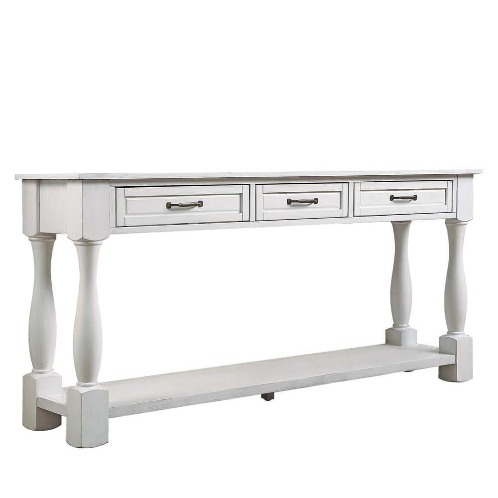 63.4 in. W x 14.6 in. D x 30 in. H White Linen Cabinet with 3-Drawer Consol