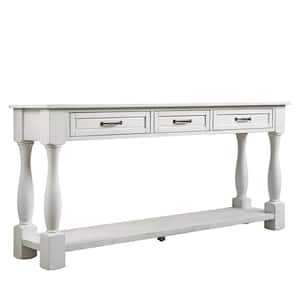 63.4 in. W x 14.6 in. D x 30 in. H White Linen Cabinet with 3-Drawer Console Table, Shelf and Pine Legs