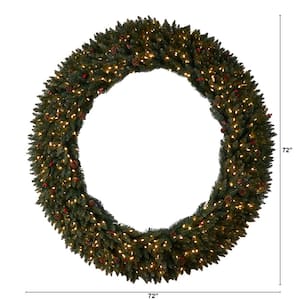 72 in. Pre-Lit LED Large Flocked Artificial Christmas Wreath with Pinecones, Berries, 600 Clear LED Lights