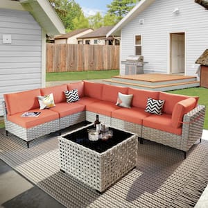 Supery Gray 7-Piece Wicker Patio Conversation Seating Set with Bold-Stripe Orange Red Cushions and Coffee Table