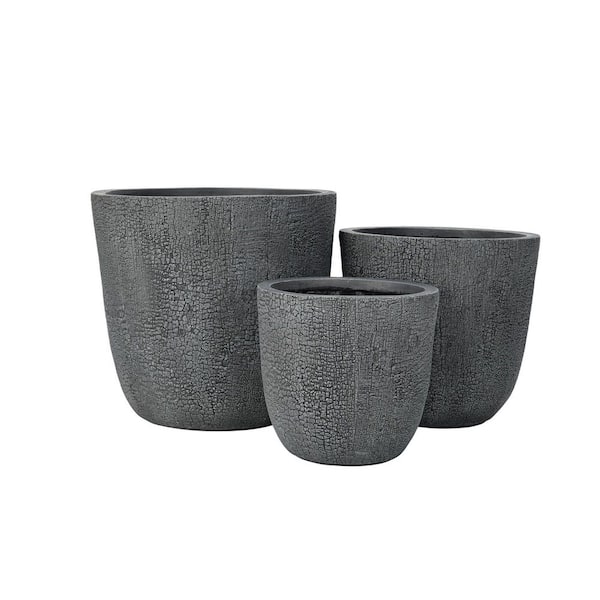Yorkland 16.93 in. Dia Gray MGO Round Lightweight Concrete Outdoor Planter with Drainage Holes & Rubber Plug, (Set of 3)