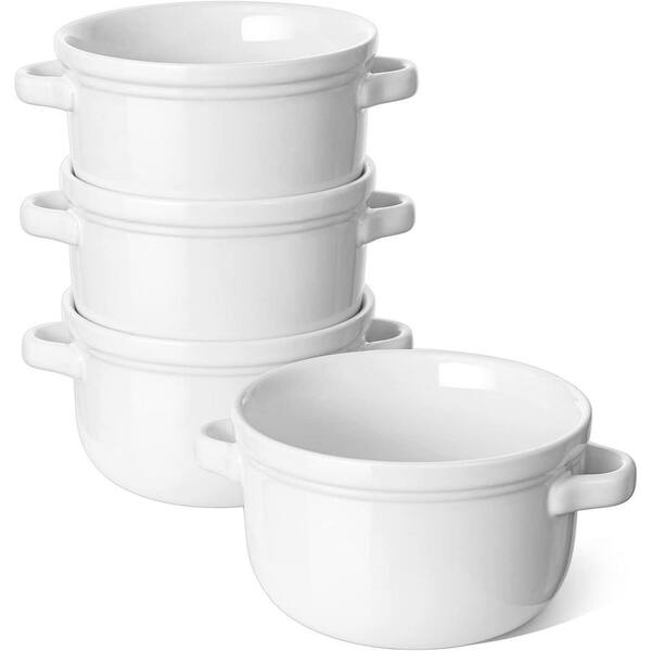 4-Piece White Ceramic Soup Bowls Set Oven Microwave Dishwasher Safe with Handles for Onion Soup Stew Chili