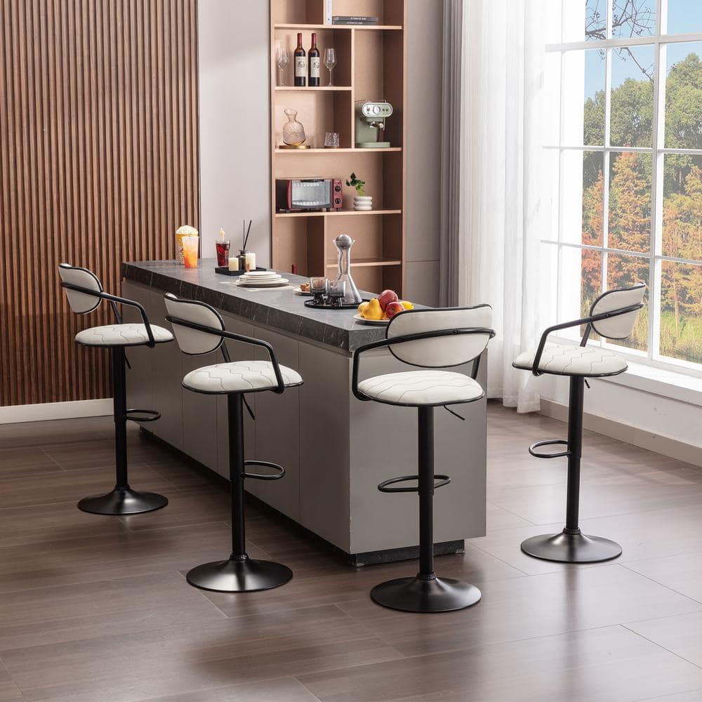 Adjustable White Faux Leather Swivel Bar Stools with Black Metal Frame, Set of 2