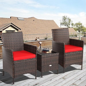 3-Pieces Wicker Patio Conversation Furniture Rattan Chairs with Coffee Table & Red Cushions