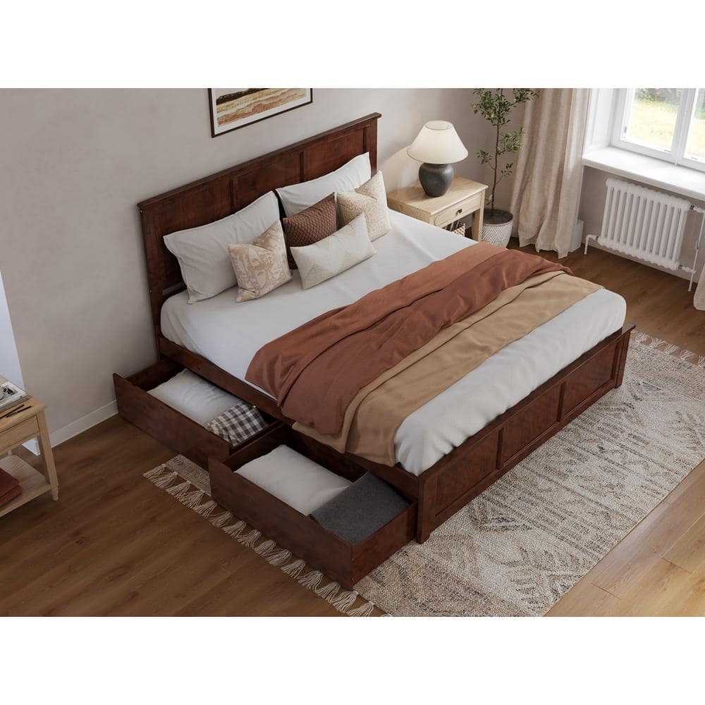 Walnut King Wood Platform Bed with Storage Drawers and Headboard