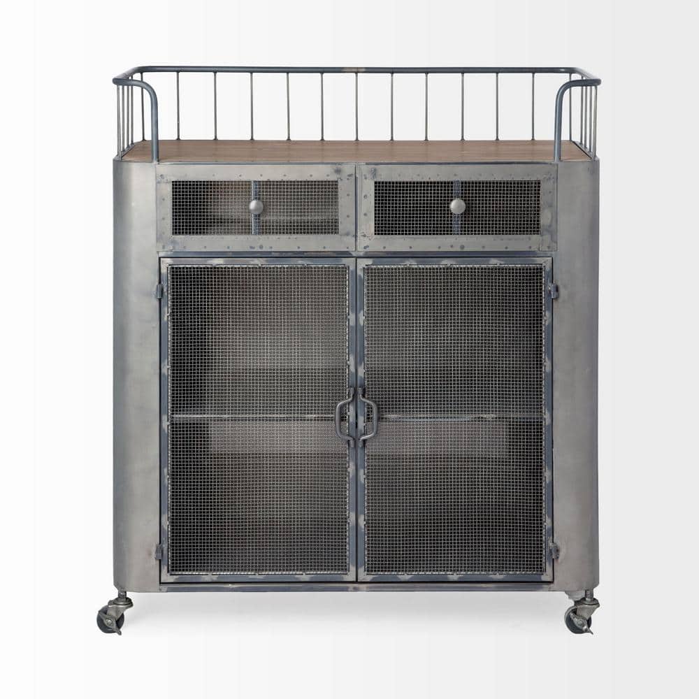 Industrial Gunmetal Gray Rolling Bar Cart with Wood Top