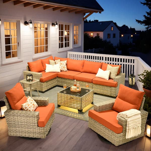 OVIOS Tiberty Gray 9-Piece Wicker Patio Conversation Seating Set with Orange Red Cushions and Swivel Chairs