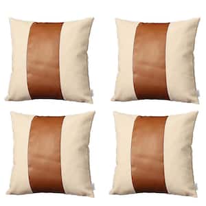 Bohemian Vegan Faux Leather Ivory and Brown 18 in. x 18 in. Square Solid Throw Pillow Set of 4