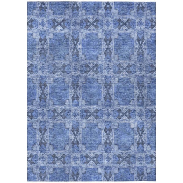 5' X 7' Blue And Gray Floral Stain Resistant Indoor Outdoor Area Rug