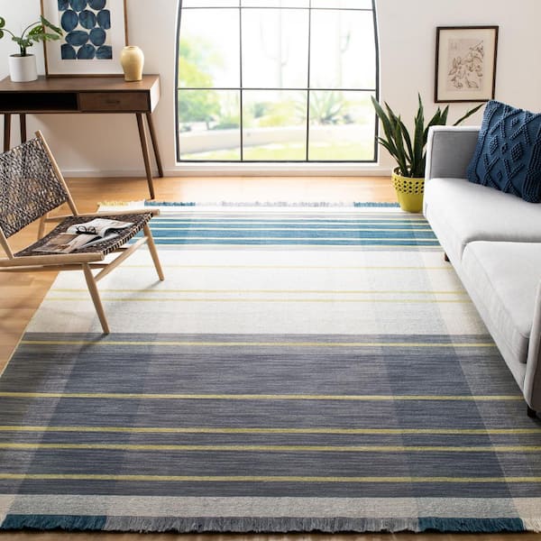 Striped Kilim Beige Teal 8 ft. x 10 ft. Plaid Striped Area Rug