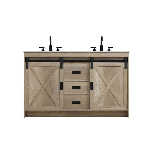 54 in. Double Sink Natural Oak Bath Vanity with White Engineered Marble Top