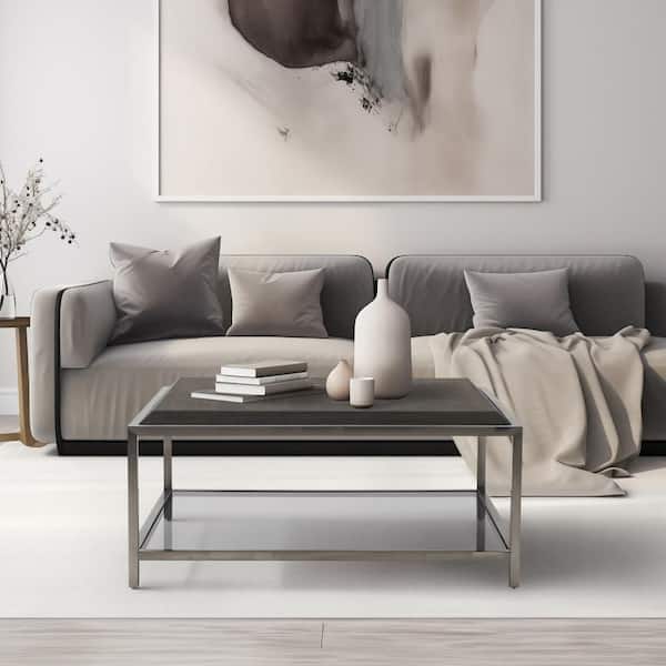 39 in. Brown Square Wood Coffee Table with Tempered Glass Shelf
