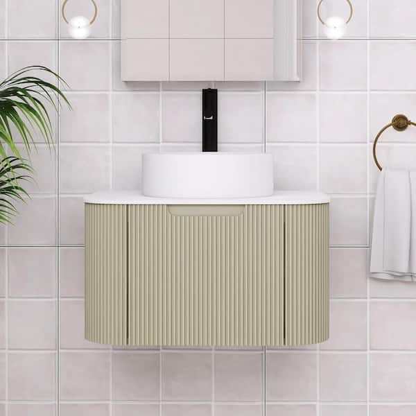 24 in. W x 19 in. D x 19 in. H Single Sink Wall-Mounted Bath Vanity in Light Green with White Engineered Marble Top