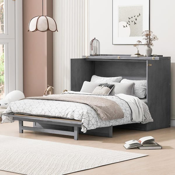 Gray Wood Frame Queen Murphy Bed with USB Ports and Drawer