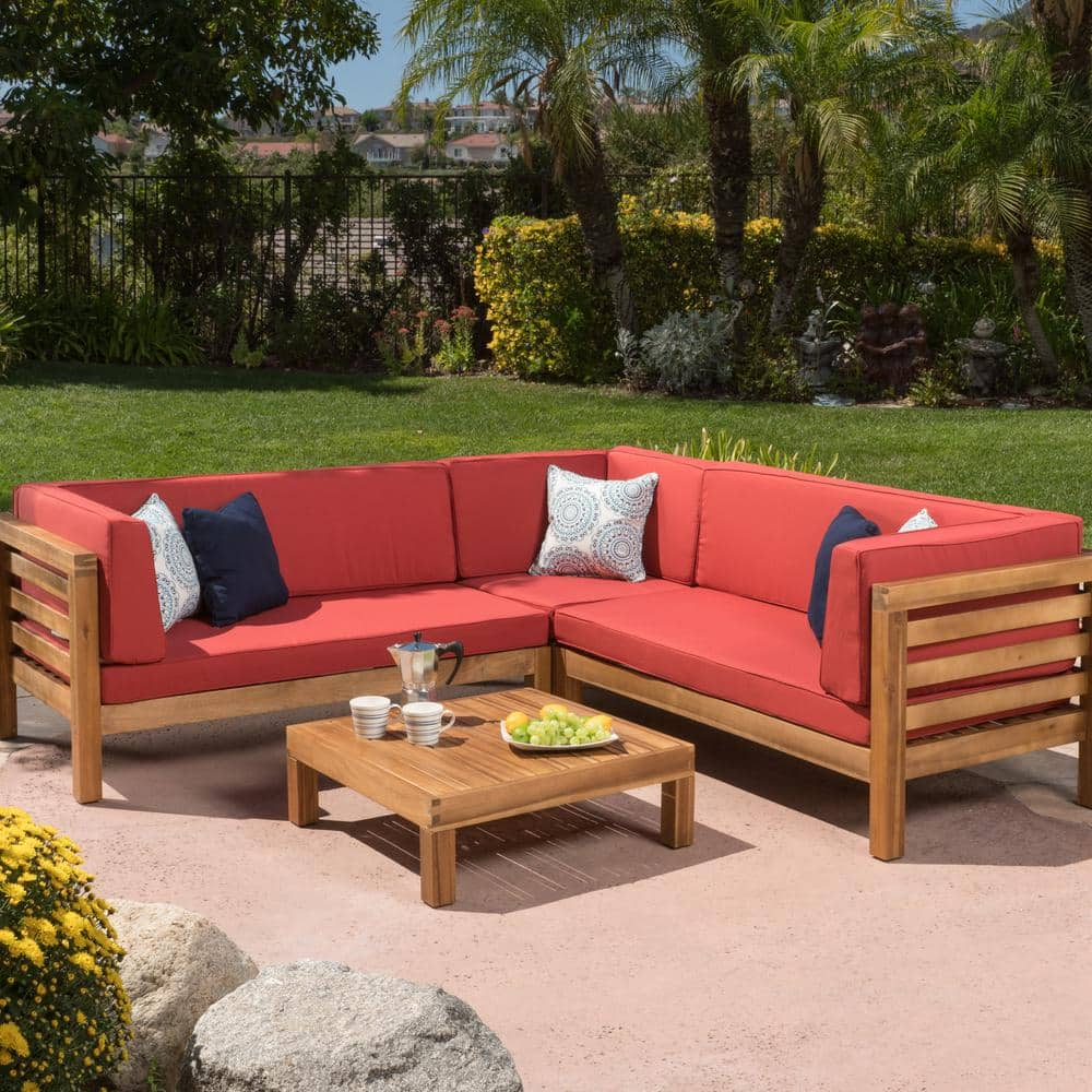 Noble House Oana Teak Finish 4 Piece Wood Outdoor Sectional Set With   Noble House Outdoor Sectionals 55404 64 1000 