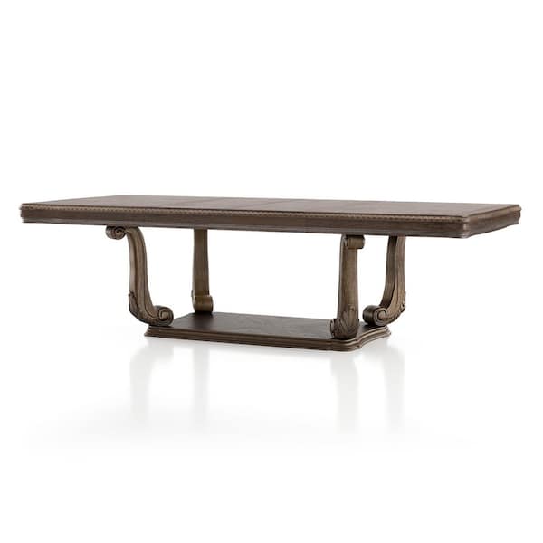 Banks Rustic Weathered Oak Extendable Wood Top 108 in. Pedestal Base Dining Table with Dentil Molding (Seats 6)