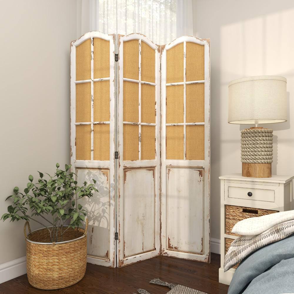 Beige and White Fir Wood Triple Panel Folding Privacy Screen
