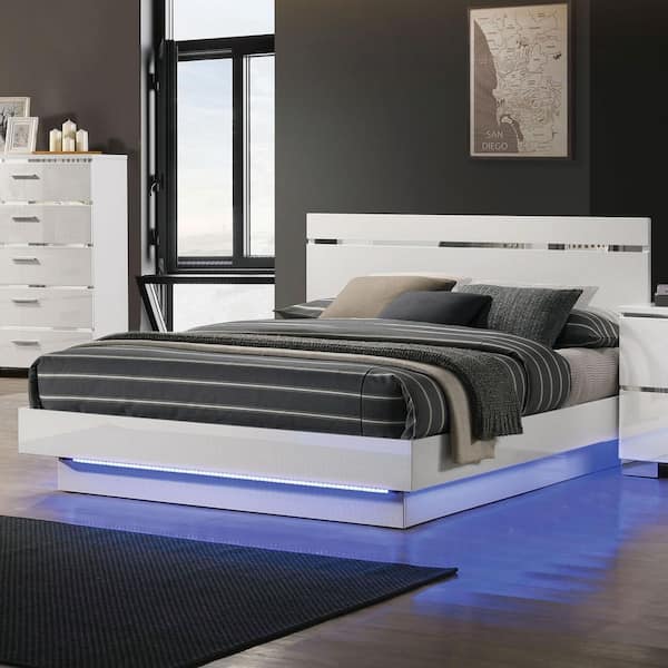 Gensley White and Chrome Wood Frame California King Platform Bed with Embedded LED Light