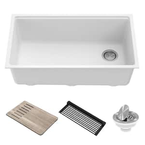 Bellucci White Granite Composite 32 in. Single Bowl Undermount Workstation Kitchen Sink with Accessories