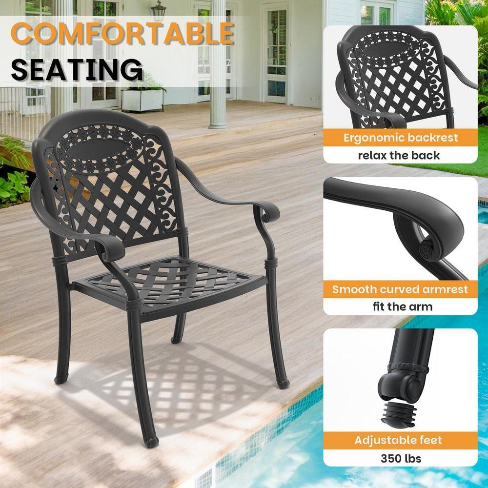 Detail of a comfortable outdoor dining chair with ergonomic features.