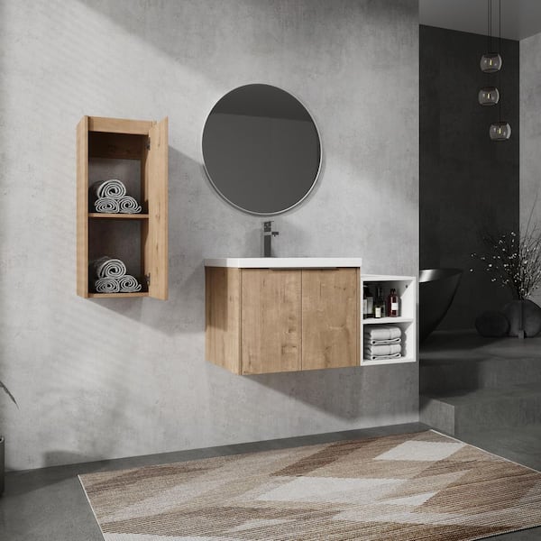 Combined 35.6 in. W X 18.1 in. D x 19.3 in. H Floating Bath Vanity in Imitative Oak with White Resin Vanity Top