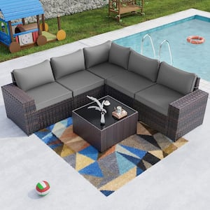 6-Piece Wicker Outdoor Sectional Set with Gray Cushion