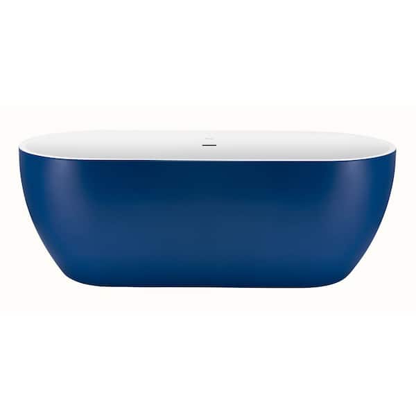 VANITYFUS 64.35 in. Acrylic Freestanding Flatbottom Soaking Bathtub in Matte Blue with Brass Drain and Overflow