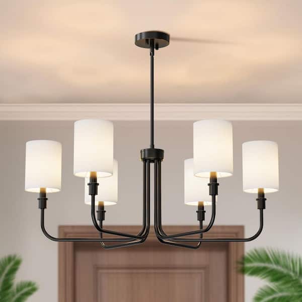 33 in. 6-Light Black Farmhouse Chandelier with White Linen Shades for Dining Room