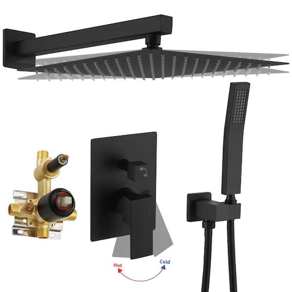 BWE Rainfall Single Handle 2-Spray 12 in. Square Shower Faucet 2.5 GPM with High Pressure in. Matte Black (Valve Included)