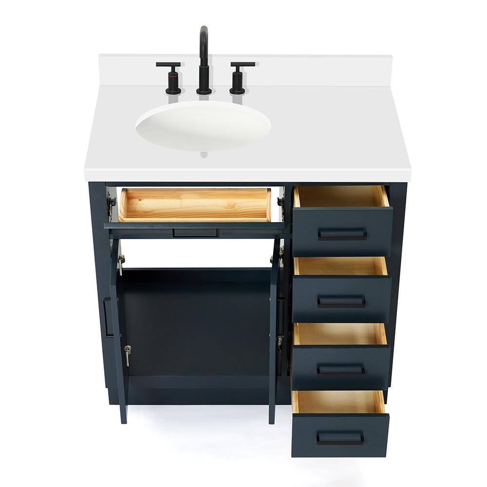 Midnight Blue Hardwood Single Basin Vanity with Quartz Top