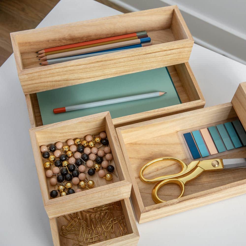 Light Natural 6-Piece Paulownia Wood Desk Drawer Organizer Set