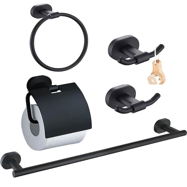Wall Mounted 5 -Piece Bath Hardware Set with Towel Bar Hand Towel Holder Toilet Paper Holder Towel Hook in Matte Black