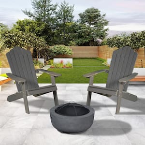 Lanier Charcoal Grey 3-Piece Recycled Plastic Patio Conversation Adirondack Chair Set with a Grey Wood-Burning Firepit