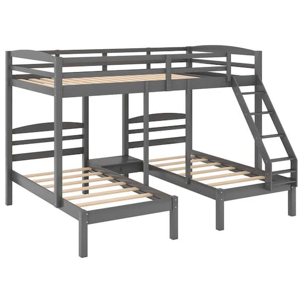 Donason Gray Full Over Twin Over Twin Bunk Bed, Triple Bunk Bed