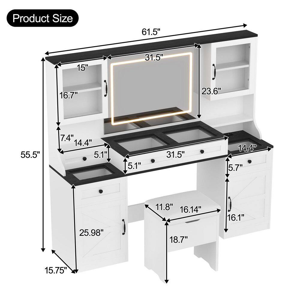 2-Piece White Makeup Vanity Set with Mirror, LED Lights, Drawers, Glass Visual Desktop and Cushion Stool - thumbnail 2