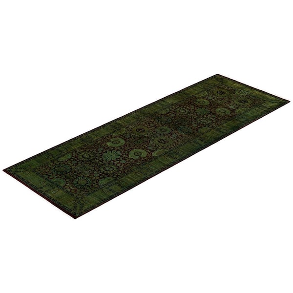 Fine Vibrance Green, 3 ft. 1 in. x 8 ft. 10 in. One-of-a-Kind Hand-Knotted Area Rug -