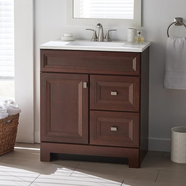 Home Decorators Collection Sedgewood 30.5 in. W x 18.75 in. D x 34.375 in. H Single Sink Bath Vanity in Dark Cognac with Arctic Solid Surface Top