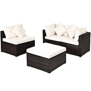 4-Piece Wicker Patio Conversation Set with 9 White Cushions and 1 Ottomans
