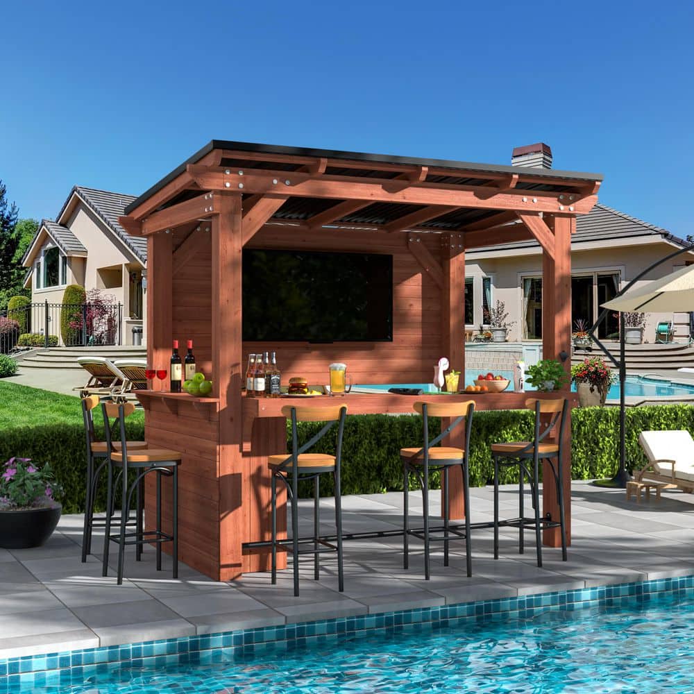VEIKOUS 8.5 ft. x 6 ft. Cedar Outdoor Gazebo Pergola Bar with Double ...