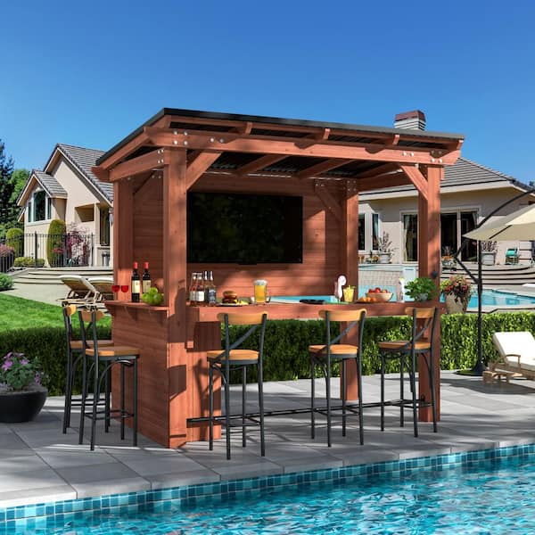 8.5 ft. x 6 ft. Cedar Outdoor Gazebo Pergola Bar with Double-Sides Metal Sloped Roof and Ample Storage Cabinet