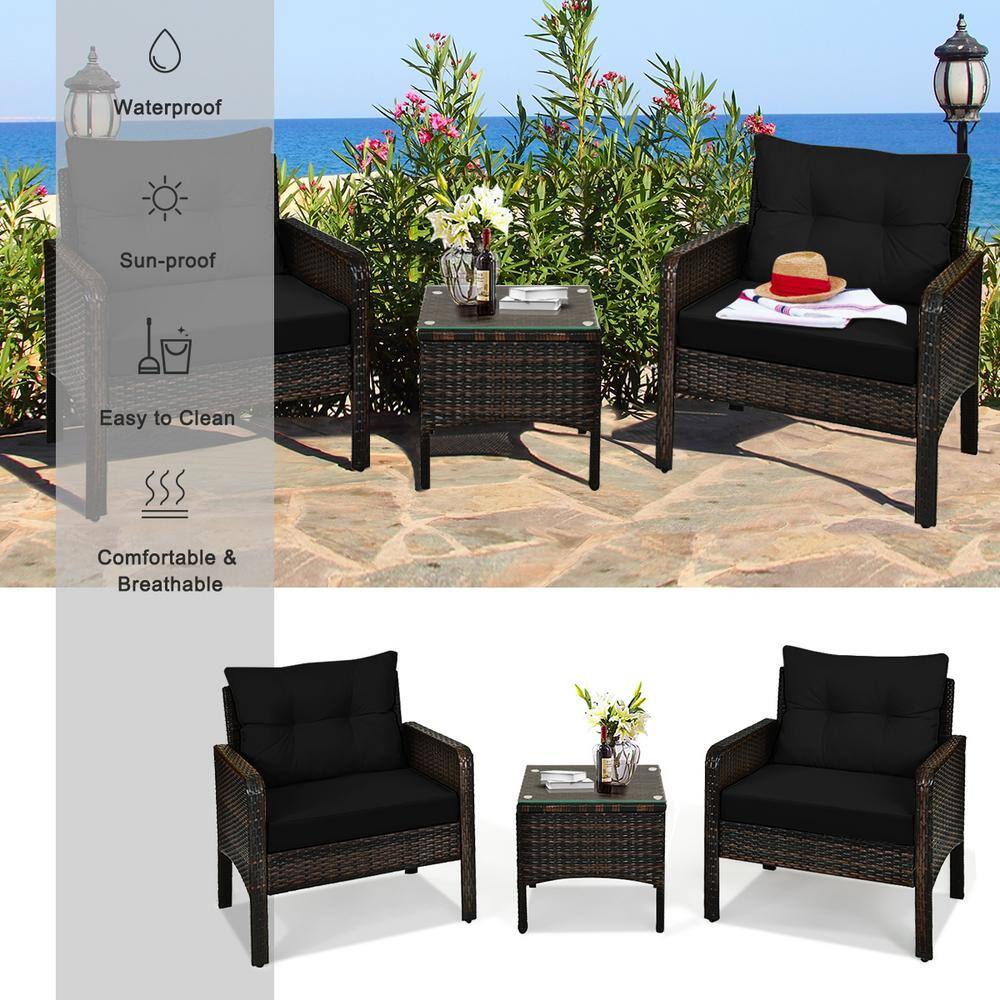 Black 3-Piece Rattan Outdoor Patio Conversation Set