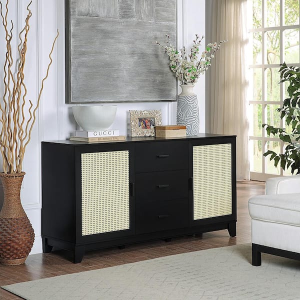 Manhattan Comfort Sheridan 59.05 Modern Cane Sideboard with Adjustable Shelves in Black Manhattan Comfort Sheridan 59.05 Modern Cane Sideboard with Adjustable Shelves in Black
