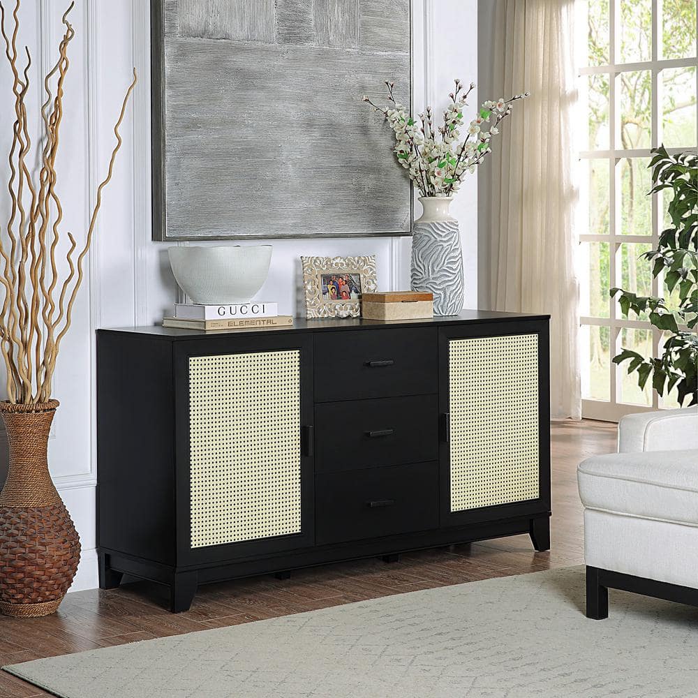 Sheridan Black MDF 59.05 in. Modern Cane Sideboard with Adjustable Shelves price history on PriceWatchPro