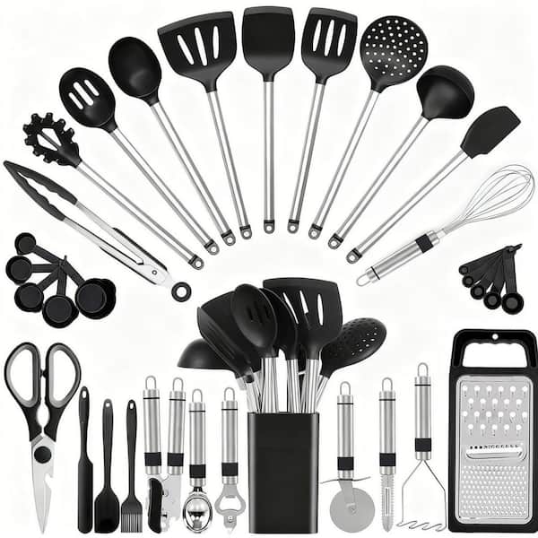 33-Piece Black Silicone Cooking Utensils Set with Stainless Steel Handle for Nonstick Cookware, Food grade