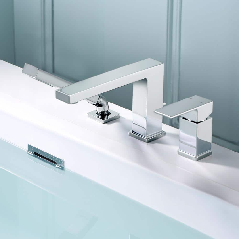 Chrome Single Handle Deck Mounted Roman Tub Faucet with Hand Shower