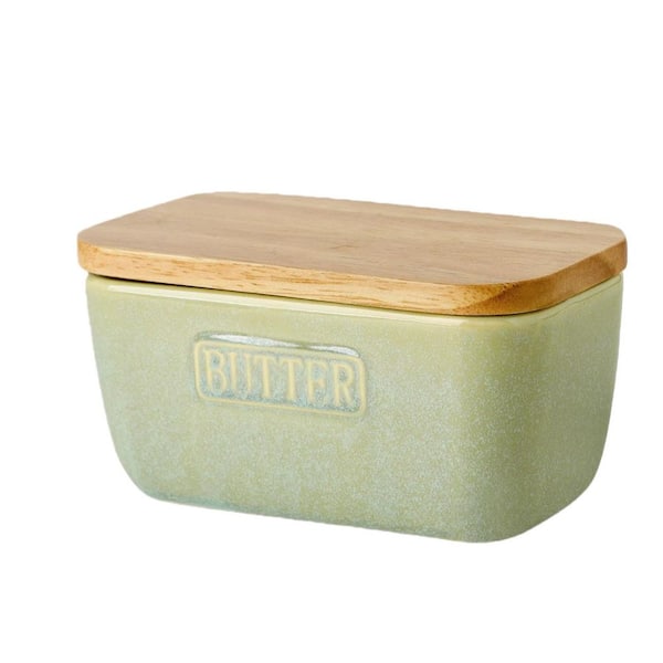 18 oz. Ceramic Butter Dish with Lid for Countertop, Airtight Butter Keeper with Turquoise Wooden Lid