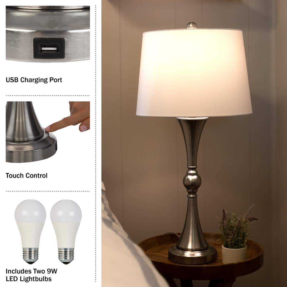 Silver Touch Control Table Lamps with USB Ports, Set of 2