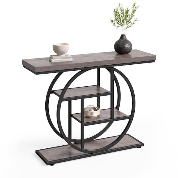 BYBLIGHT Turrella 41.3 in. Grey Rectangle Wood Console Table with Storage Shelves
