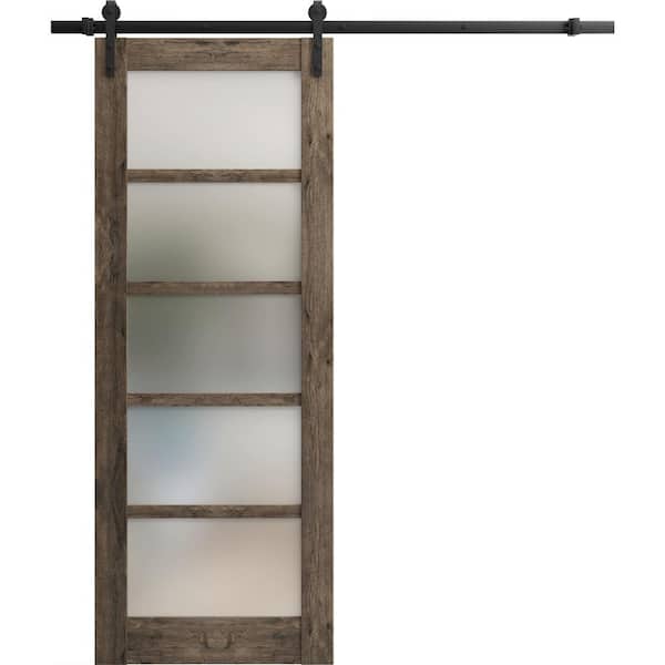 36 in. x 84 in. 1 Panel Frosted Glass Cognac Oak Wood Sliding Barn Door with Hardware Kit