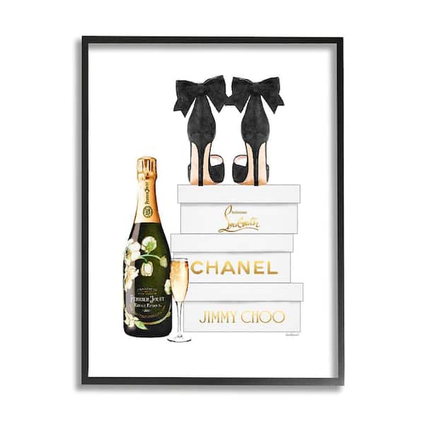 "Champagne Bubbly Black Heel Glam Shoe Boxes" by Amanda Greenwood Framed Print Abstract Texturized Art 16 in. x 20 in.